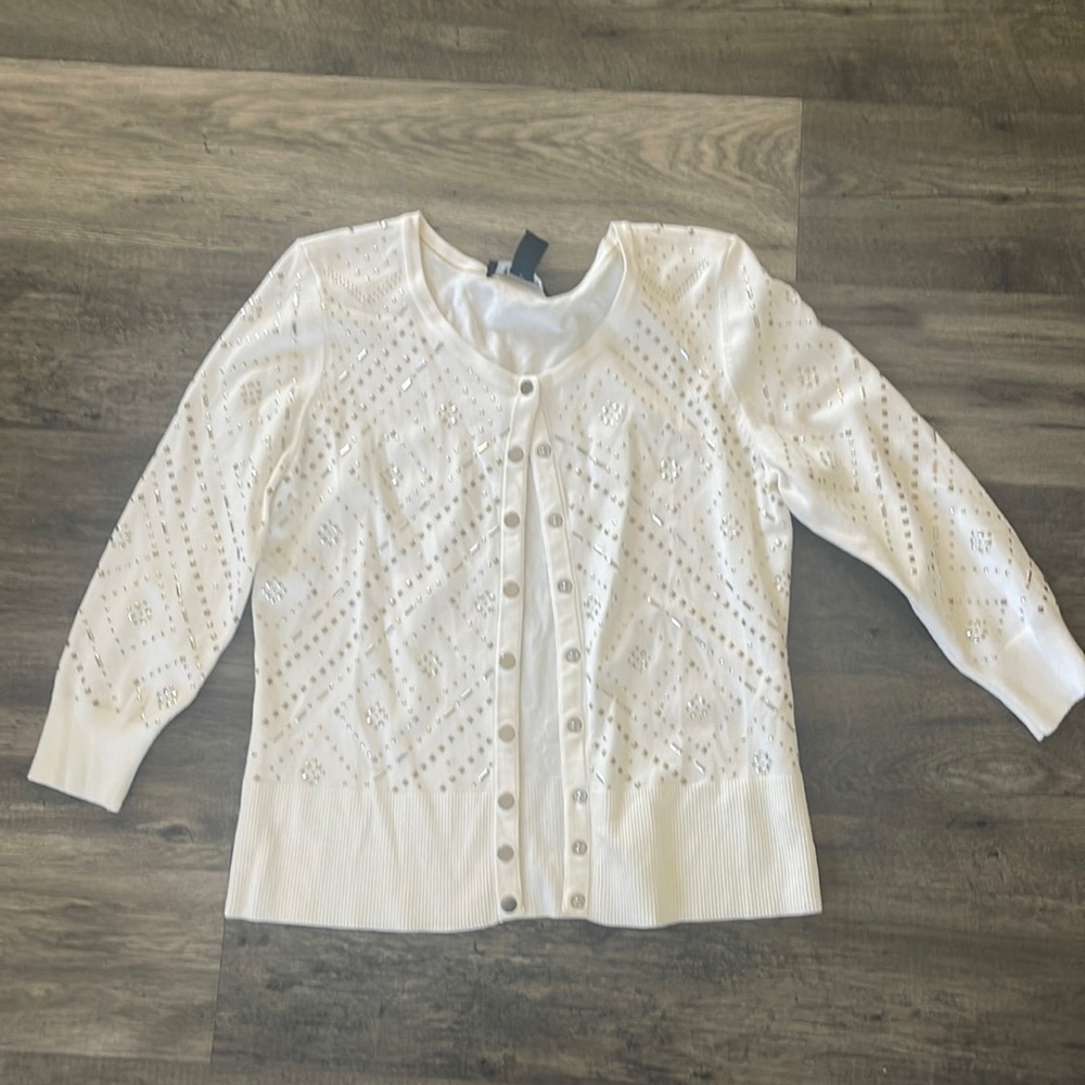 White House Black Market cardigan sweater white embellished women’s SZ M